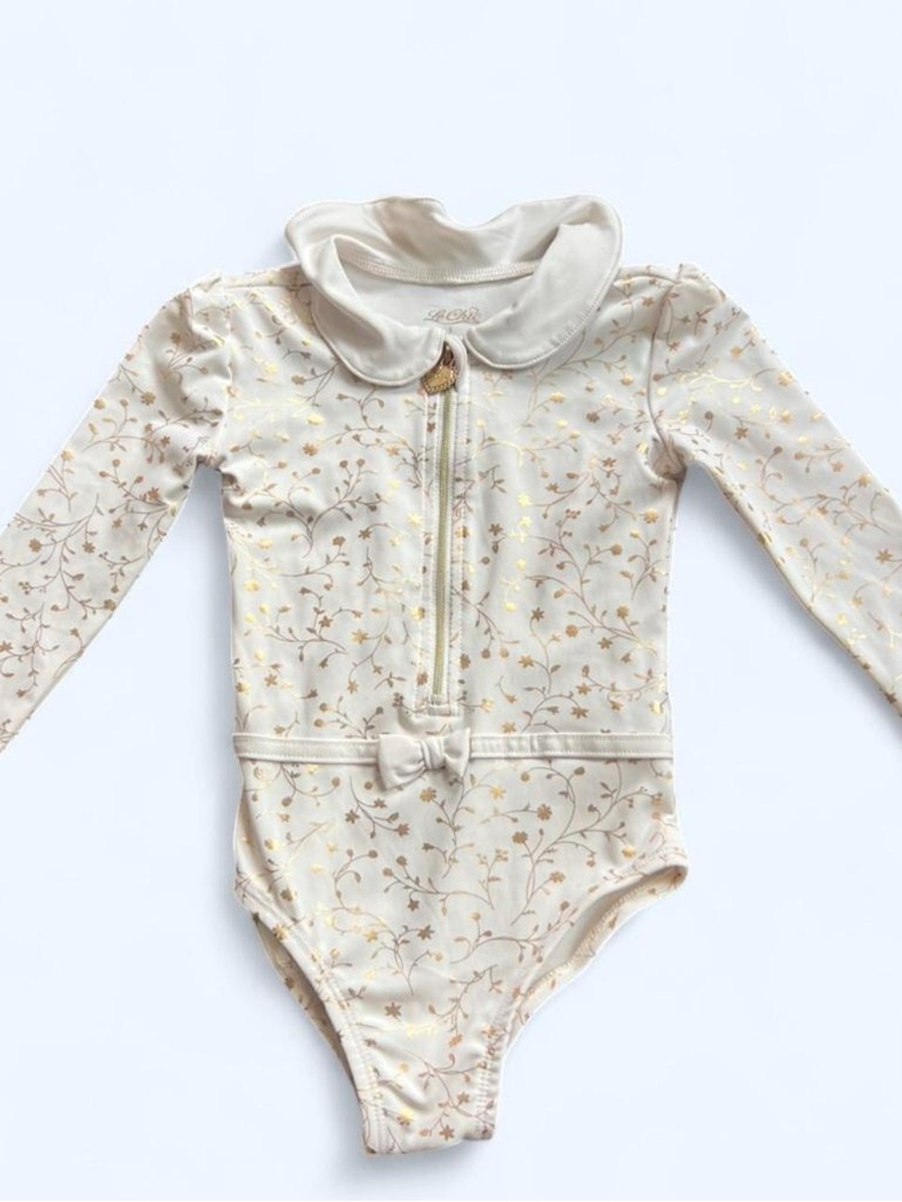 3mo Cream & Gold Floral Long-Sleeve One-Piece Swimsuit